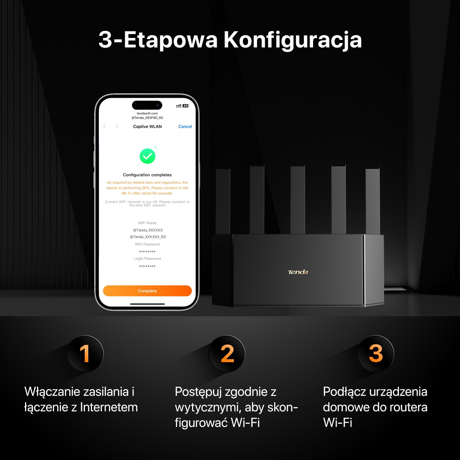 Tenda RE6L Pro Wi-Fi 7 router (BE5100 Dual-Band 4323Mbit/s 5GHz, 688 Mbit/s 2,4 GHz) anteny pionowe, Wi-Fi+, 1x2,5 Gbps + 3 x porty Gigabit WAN/LAN, MLO, 4K-QAM, NFC, VPN, WPA3, VR/AR Gaming/8K