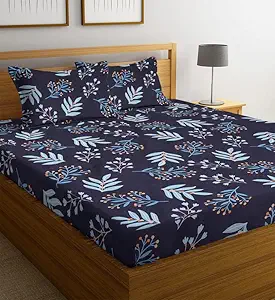 TARAIN COLLECTION New Leaf Cotton Flat Double Bedsheets with 2 Pillow Covers | Double Bed Breathable | Wrinklefree | Ultrasoft 220 TC Supersoft | 90x90 Inches, 7X7.5 Feet | Floral, Black