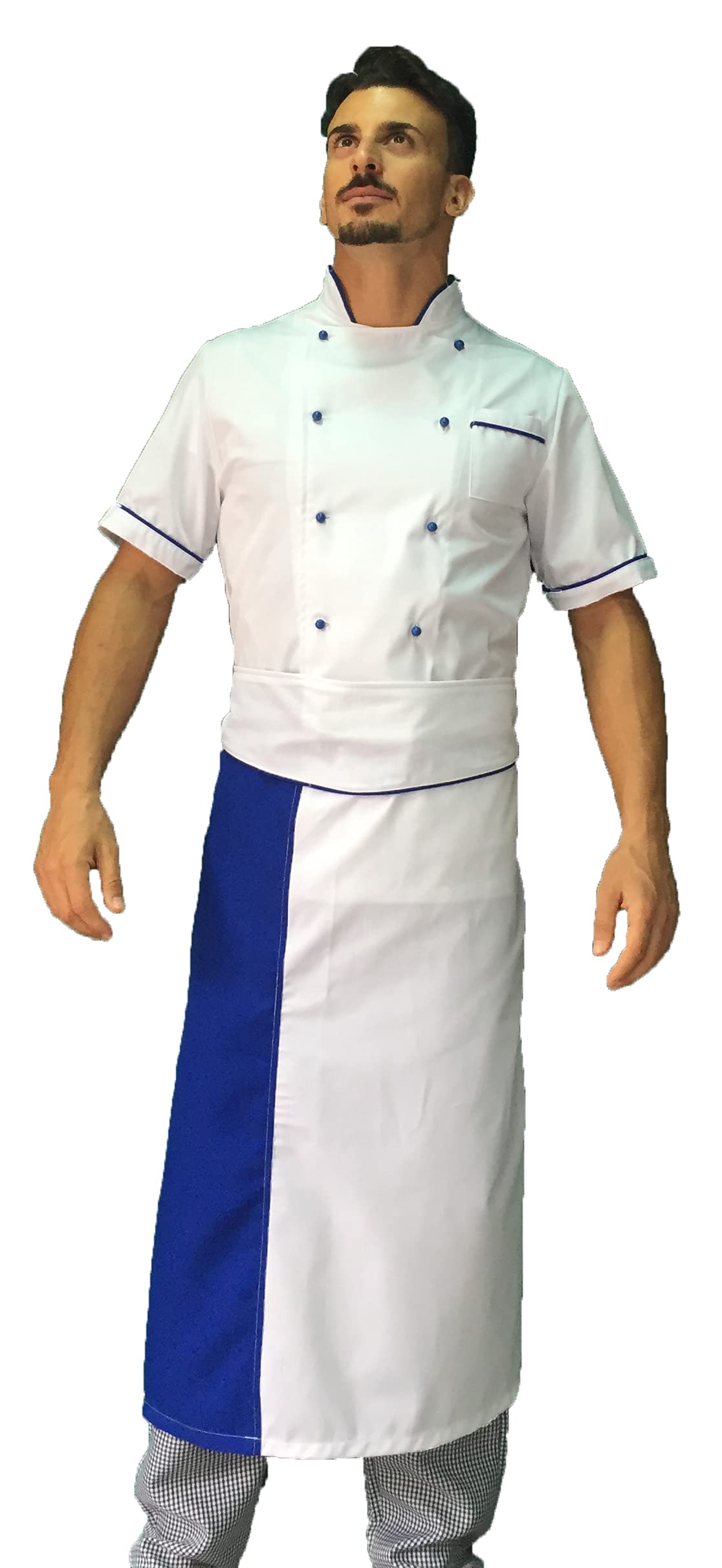 Bordado gratuito – Conjunto de cocinero para hombre – blanco, azul y pié de pule – uniforme de chef de manga corta – chaqueta, pantalones y delantal – Uniforme para cocina y