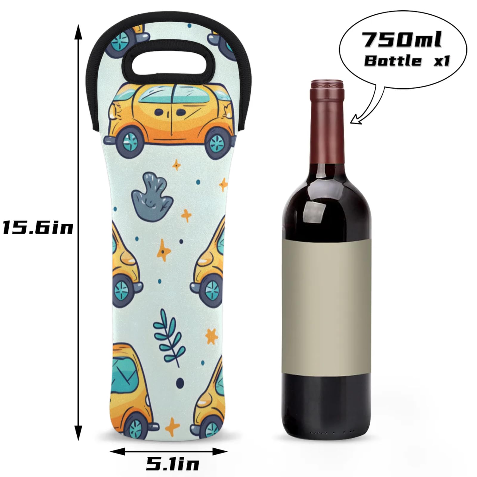 Neoprene Wine Tote Carrier Bag for Wine,Water, Champagne, Beer, Baby Bottles 15.6 x 5.1 Inches, Protective Wine Bag,Yellow Cars