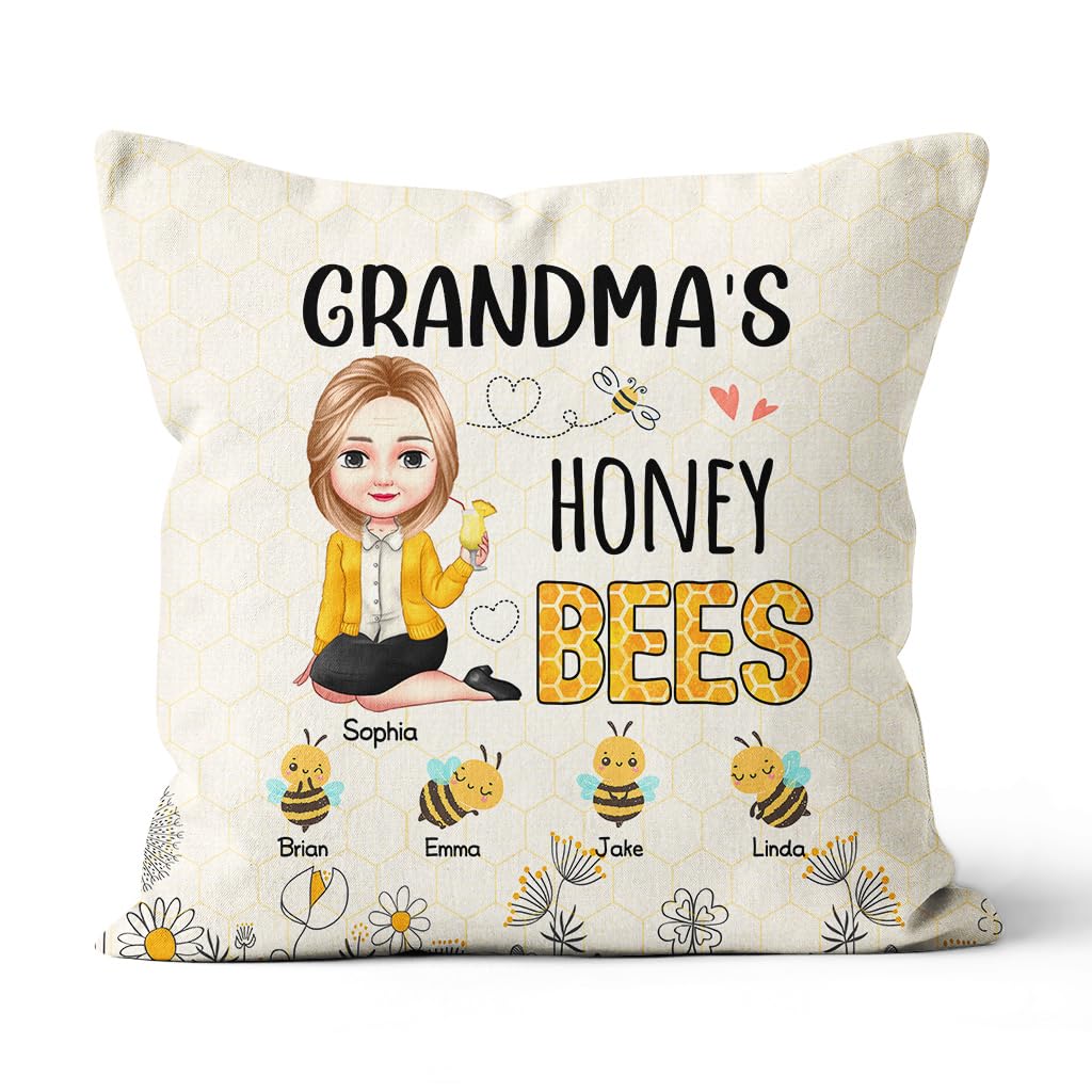 Gifts for Grandparents, Grandma's Honey Bees Kids Flowers, Personalized Square Pillow, Gifts for Grandma Nana from Grandkids, Sofa Couch Cushion, Gifts for Birthday Mother's Day