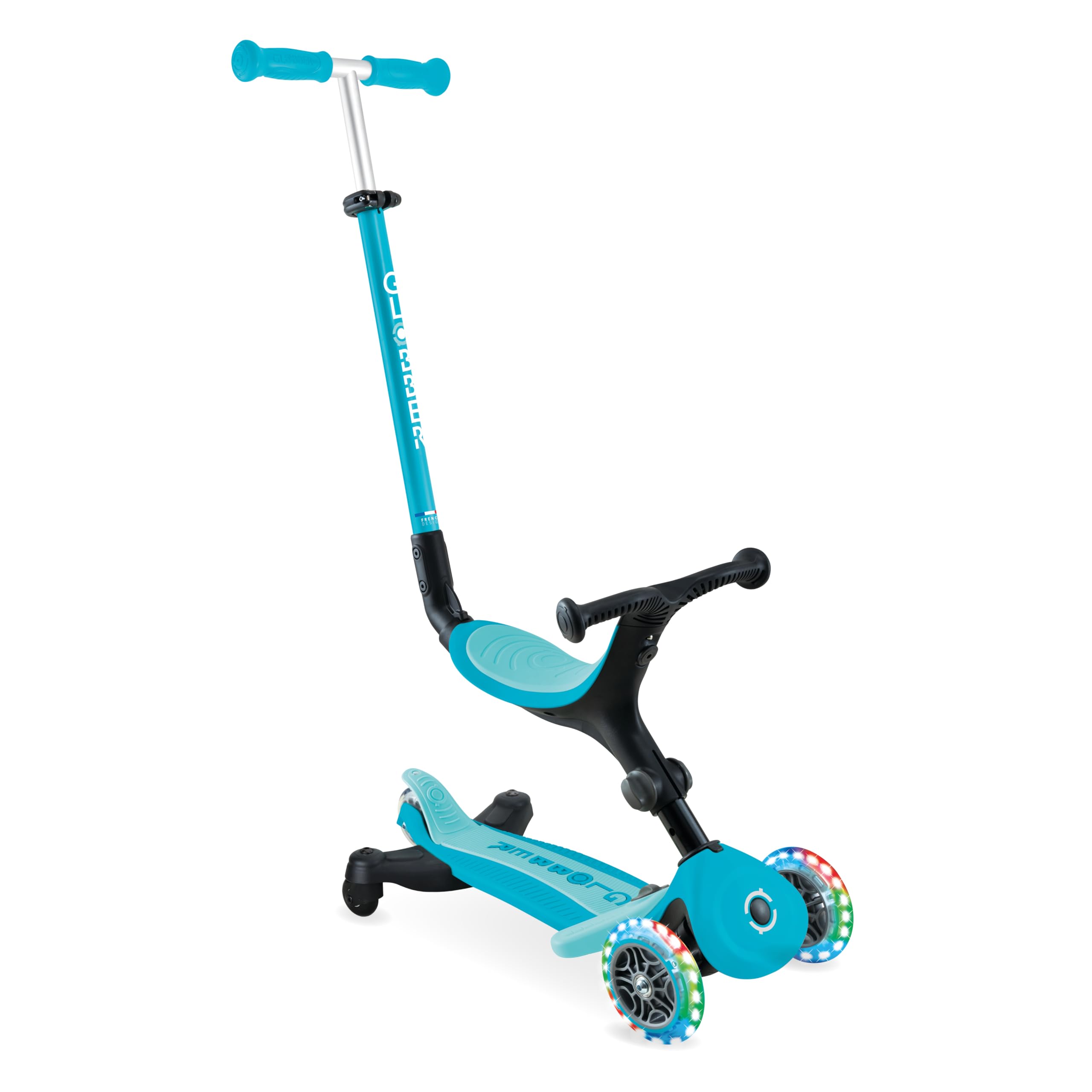 Globber - GO•UP Active Lights 360 - Patinete evolutivo con Asiento Giratorio 360°, reposapiés, Luces LED y 3 Ruedas, para niños de 15 Meses a 6 años - Azul Aqua