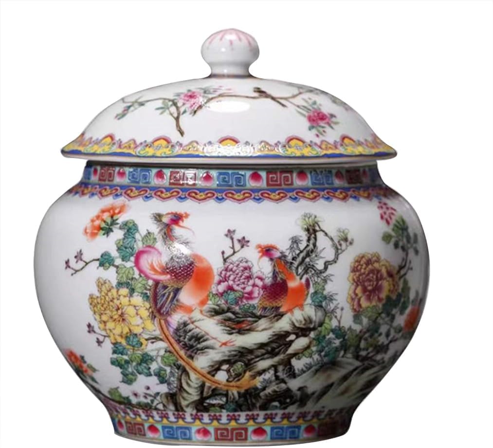 MESCXTY Decor Chinoiserie Ginger Jar Tea Canister Ceramic Flower Vase Porcelain Loose Tin Kitchen Storage(C,Large)