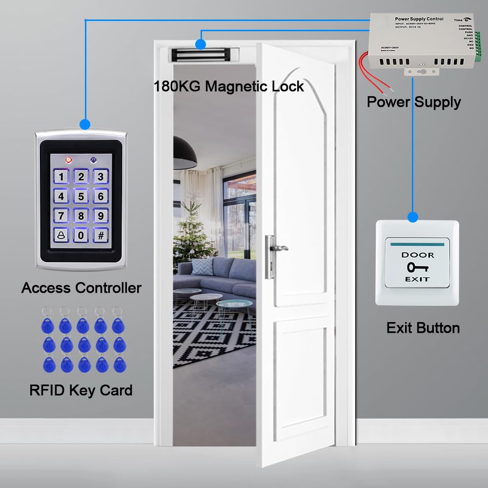 FST RFID-Türzugangskontrollsystem wasserdichte RFID-Tastatur für den Außenbereich + 180KG Elektrisches Magnetschloss + Regenschutz + 15-teilige Schlüsselkarten für zu Hause