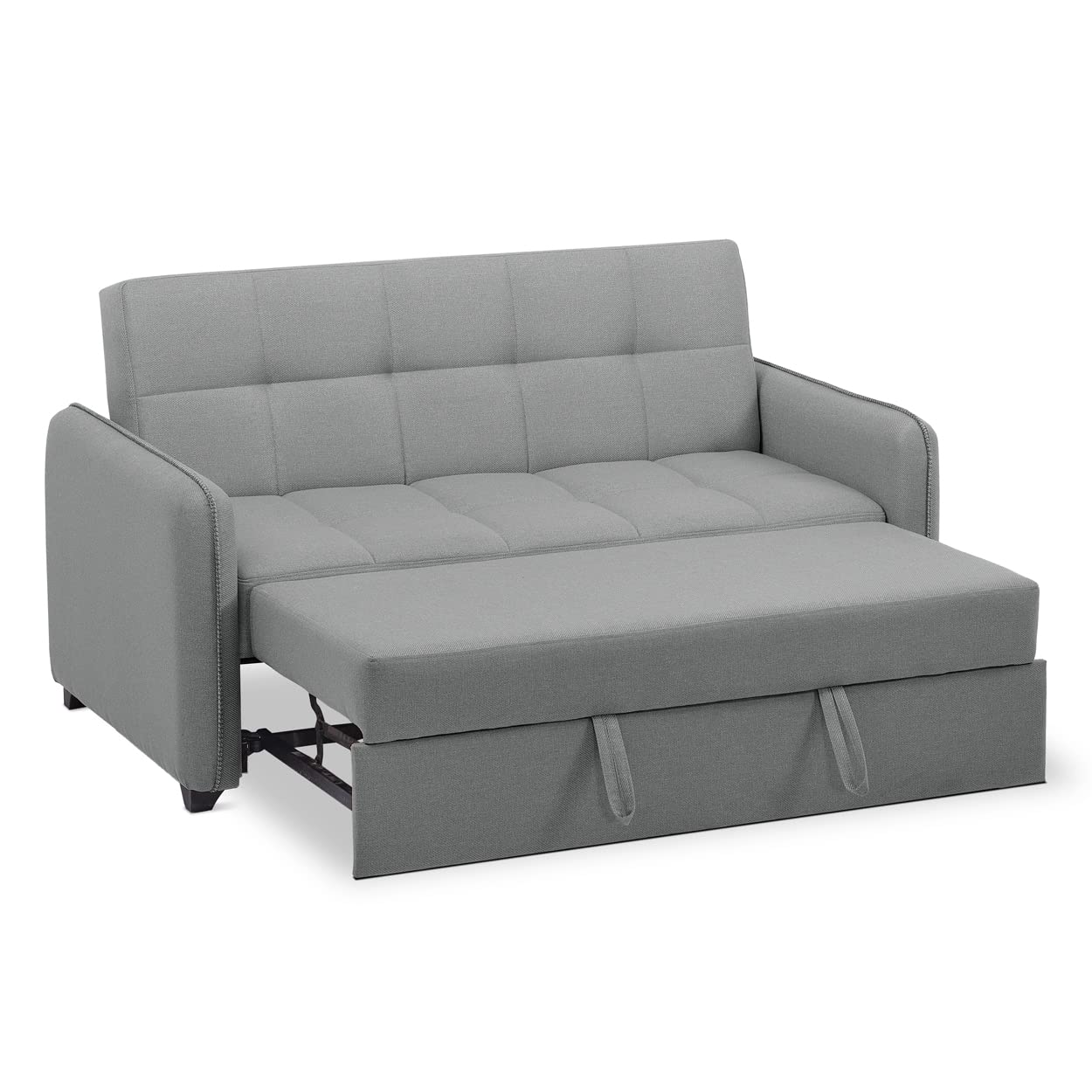 EVERGREENWEB - Divano Letto 2 posti Grigio con letto estraibile e spalliera reclinabile, Divano di design Moderno zampe di legno e cuscini in omaggio, Braccioli Slim, Materasso 140x190 - Odette