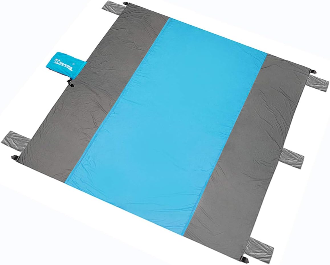 Sand Proof Beach Blanket Oversized, Compact Sand Free Outdoor Beach Picnic Blanket Mat with 9'x 10' for 7 Adults, Waterproof Soft Parachute Ripstop Nylon, 4 Stakes, Machine Washable