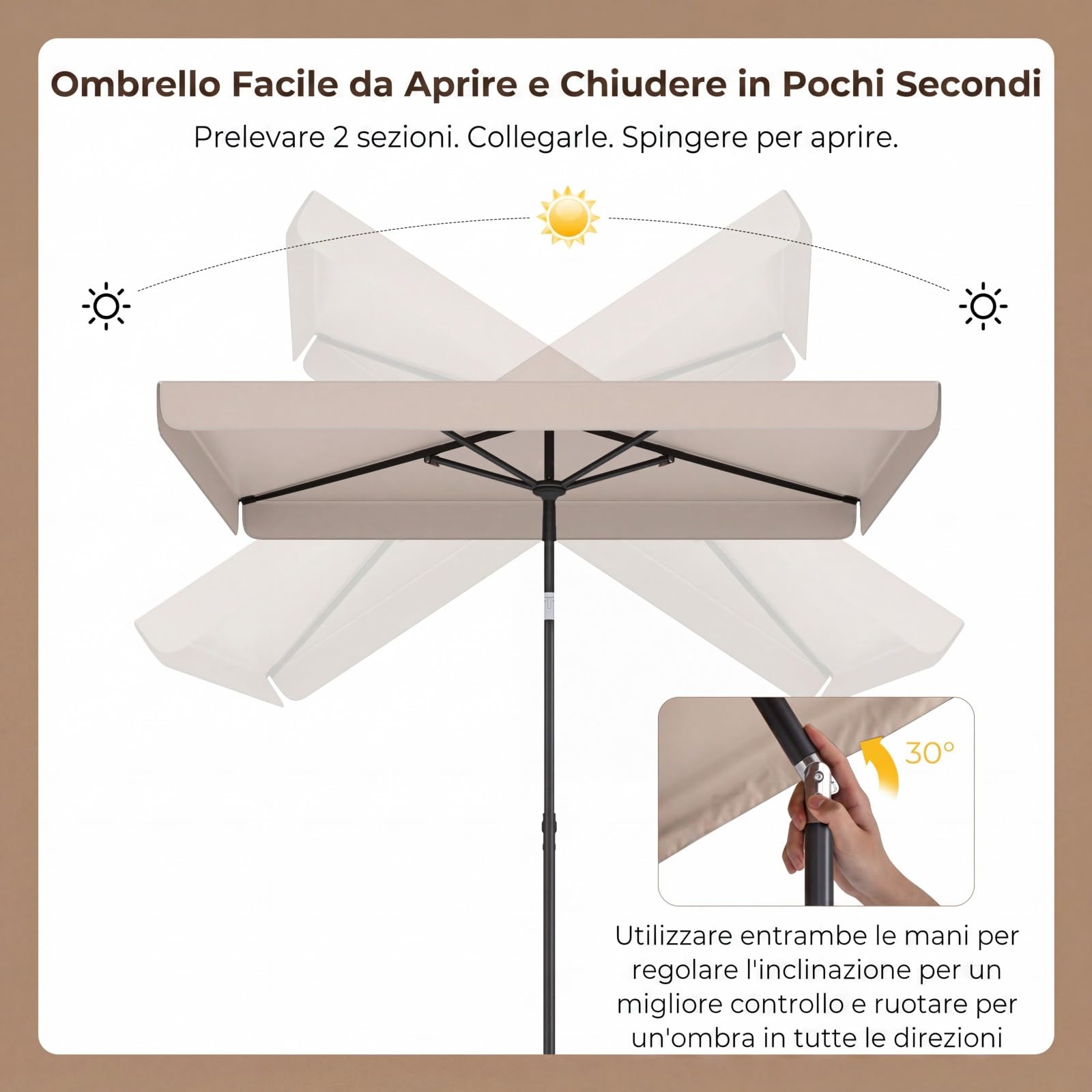 COSTWAY Ombrellone Balcone 200x130 cm, Inclinazione Regolabile (Beige) | Ombrellone con Borsa da Trasporto, Anti-UV, per Giardino, Terrazzo, Spiaggia