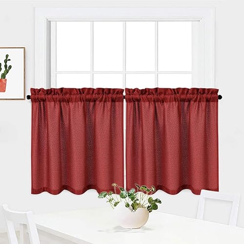 Miniatura 7 de Cortinas cortas, tela con textura de waffle, impermeables, para cubrir ventanas en baños, cocina, cafetería, Tela, Burgundy