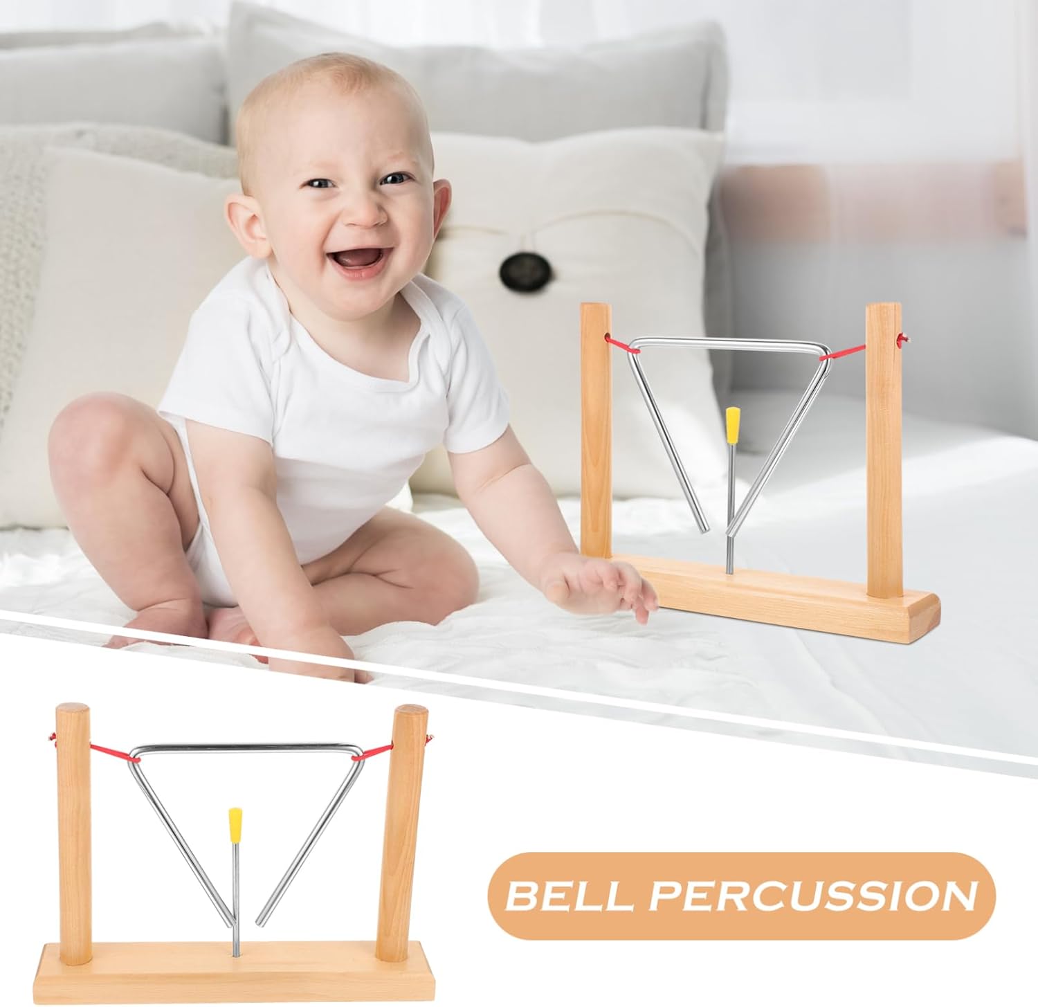 YARNOW 2 Sets Triangle Musical Instrument Metal Triangle Percussion with Strikers and Wooden Stands for Beginners Music Classes and Family Fun