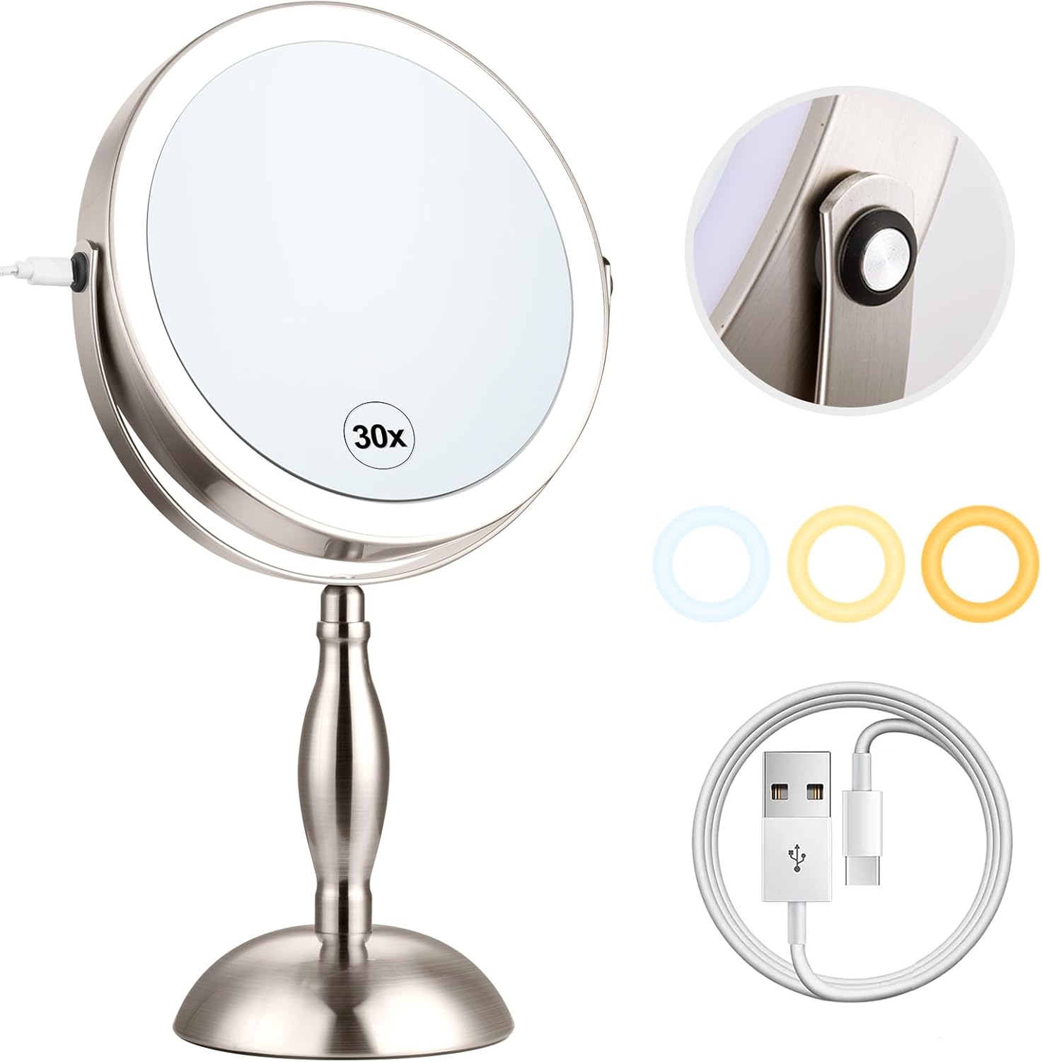 Makeup Mirror with Lighted, 30x Magnifying Mirror with 3 Lights Colors, Vanity Mirror Brushed Nickel - 360° Rotation, Brightness Adjustable Magnification, Modern Style Side Touch + Side Charge Brushed Nickel 30X