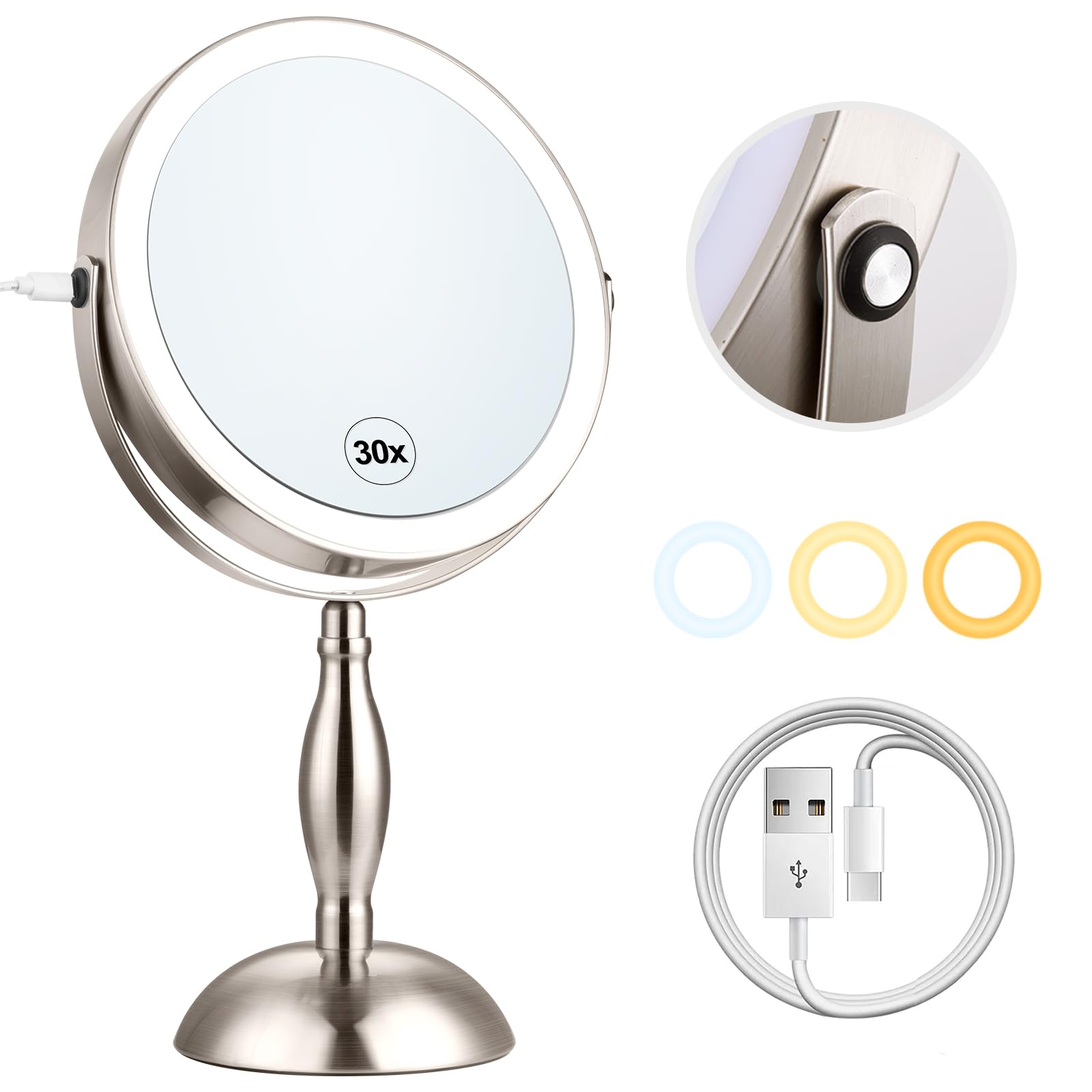 Photo 1 of Makeup Mirror with Light, 30x Magnifying Mirror with 3 Lights Colors, 5000mAh Vanity Mirror Brushed Nickel - 360° Rotation, Brightness Adjustable Magnification, Modern Style Side Touch + Side Charge