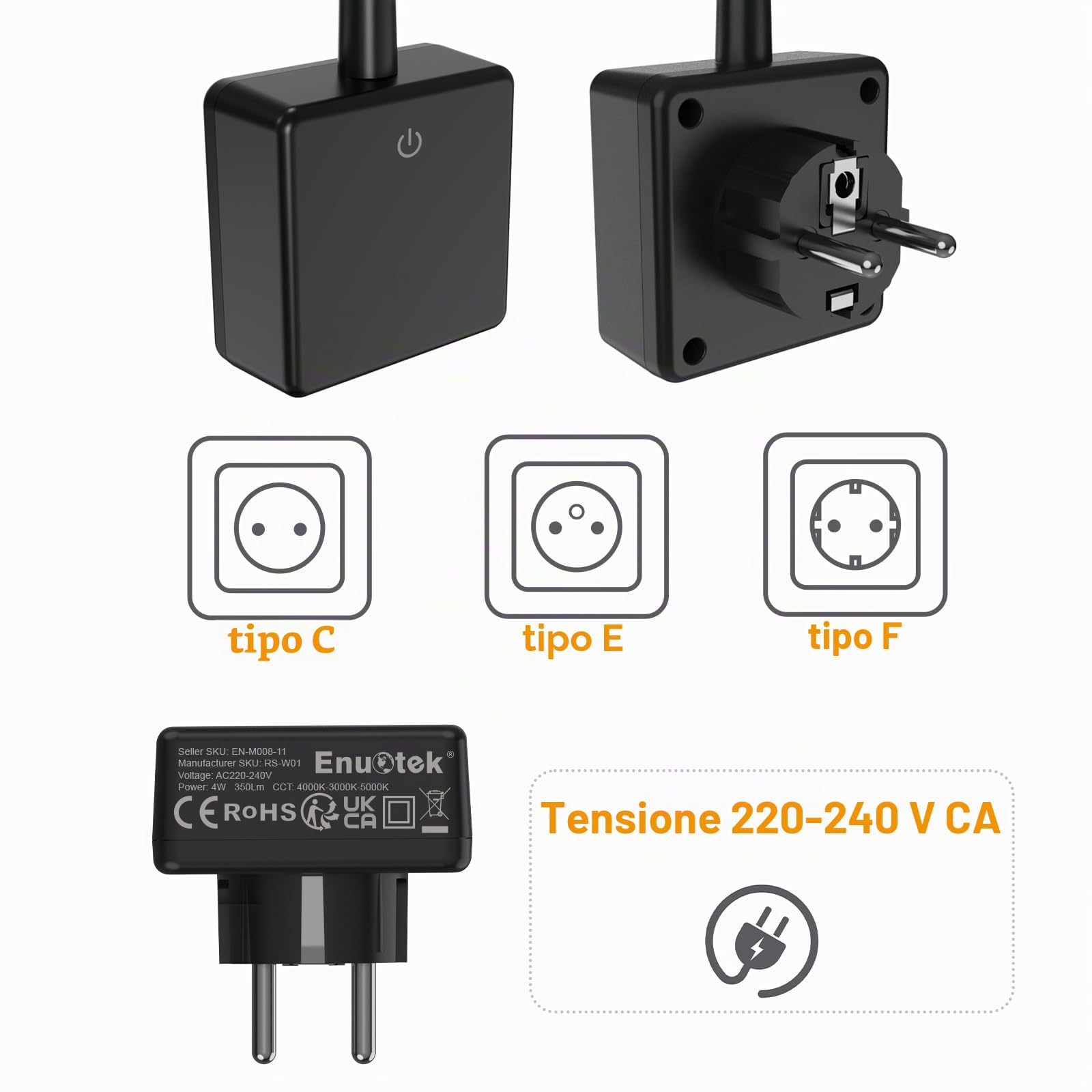 ENUOTEK Luce Notturna Lampada da Applique da Comodino LED Dimmerabile con Spina e Interruttore Tattile 4W 350Lm Luce 3000K 4000K 5000K Nessuna Funzione di Controllo Remoto Lot di 1