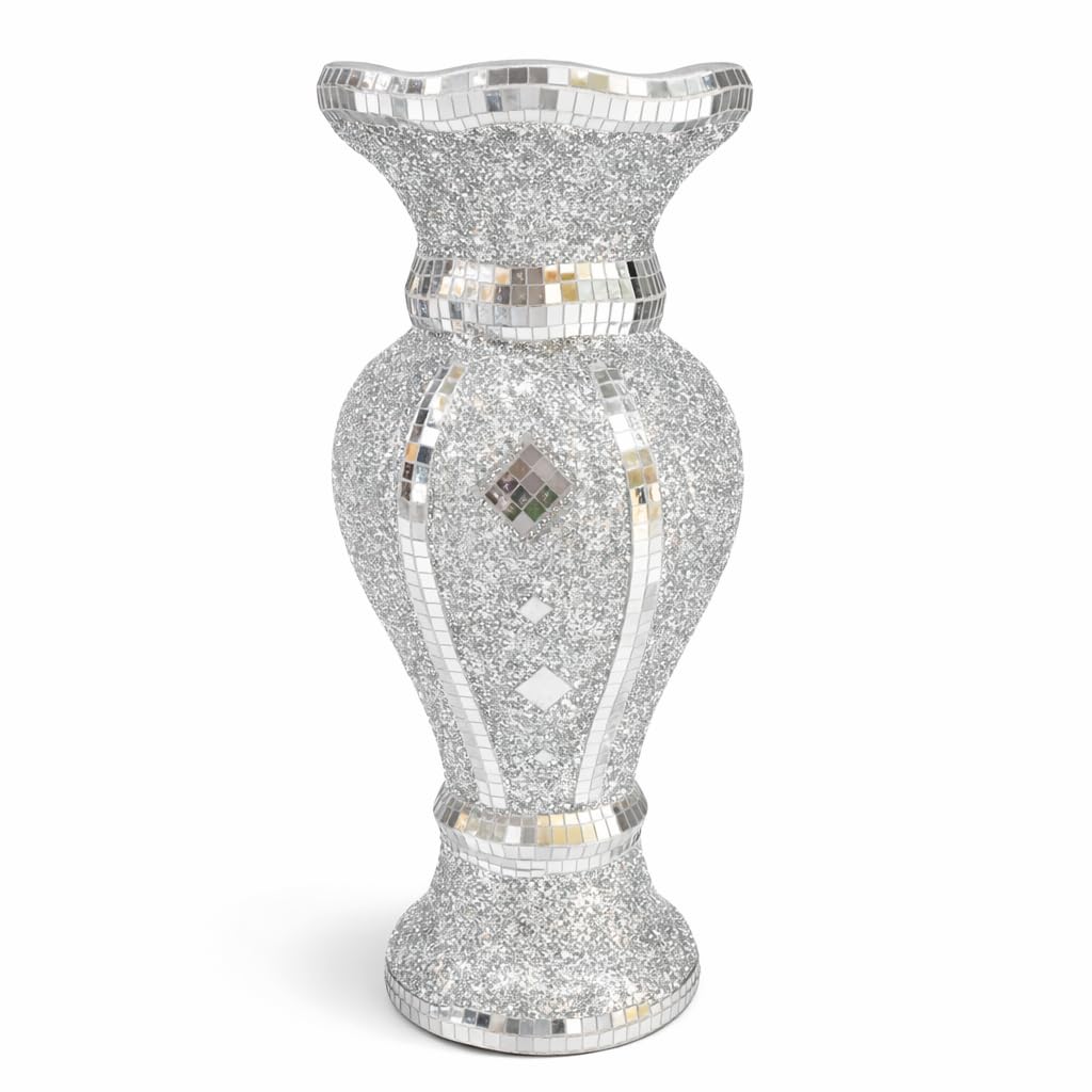 Silver Crushed Diamond Sparkle Vase, Handmade Mosaic Mirrored Floral Pot, Bling Crystal Flower Vase Ornament for Elegant Home Décor, Living Room, Wedding Centrepiece Display – 30CM Tall