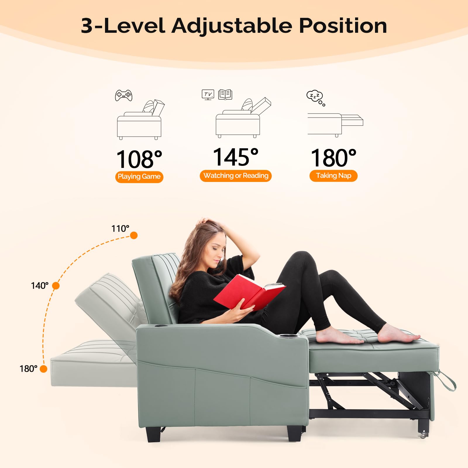 VINGLI Green Futon Sofa Bed Convertible Loveseat Sleeper Couch, Faux Leather Pullout Sofa Fold Out Couch Bed with USB Ports, Cup Holders, Armrest for Living Room, Bedroom Apartment Room
