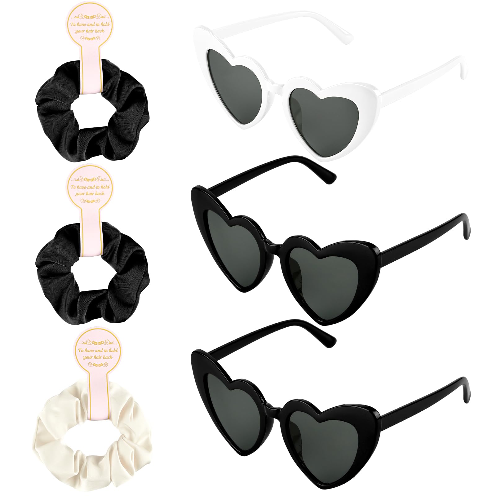 BOUBONI 3 Pcs Satin Bridesmaid Scrunchies 3 Pairs Bachelorette Sunglasses Elastic Bridal Party Hair Ties Ideas Gift Heart Shaped Sunglasses for
