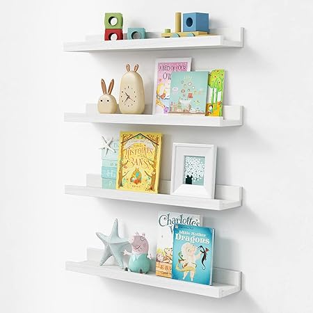 Forbena Nursery Floating Shelves for Wall, 23 Inch Long Nursery Book Shelves Set of 4, Rustic Wood Picture Ledge Shelf for Bedroom, Bathroom, Living Room, Photo Frames, Office Decor (White)