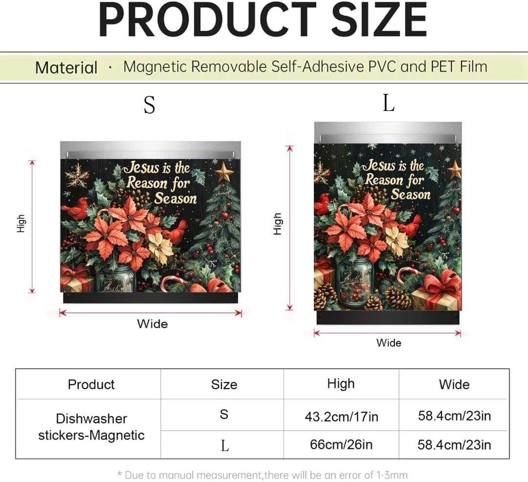 Christmas Red Flowers Magnet Dishwasher Cover Decal for Front, Christmas Berries Magnetic Refrigerator Panel Decal, Jesus Christmas Home Appliances Decor (Magnetic 23" x 17")