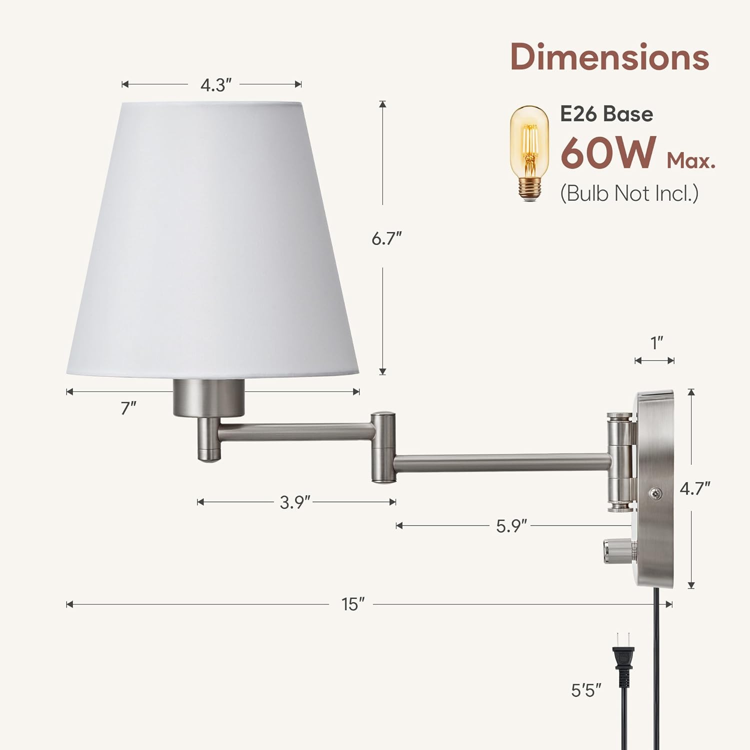 VONLUCE Modern Adjustable Swing Arm Wall Lamp Brushed Nickel, Plug-in Wall Sconce Lighting for Bedroom Bedside, Living Room, Kitchen, Hallway, Wall Mounted Light Fixtures with White Fabric Shade