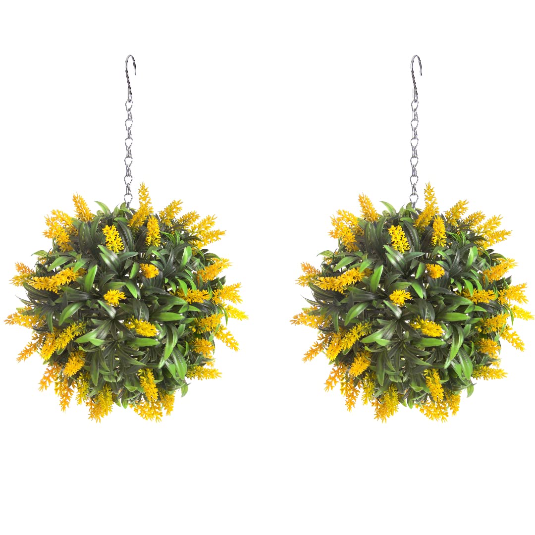 Best Artificial Purple Pair Of 24Cm Yellow Lavender Lush Long Leaf Flower Topiary Balls