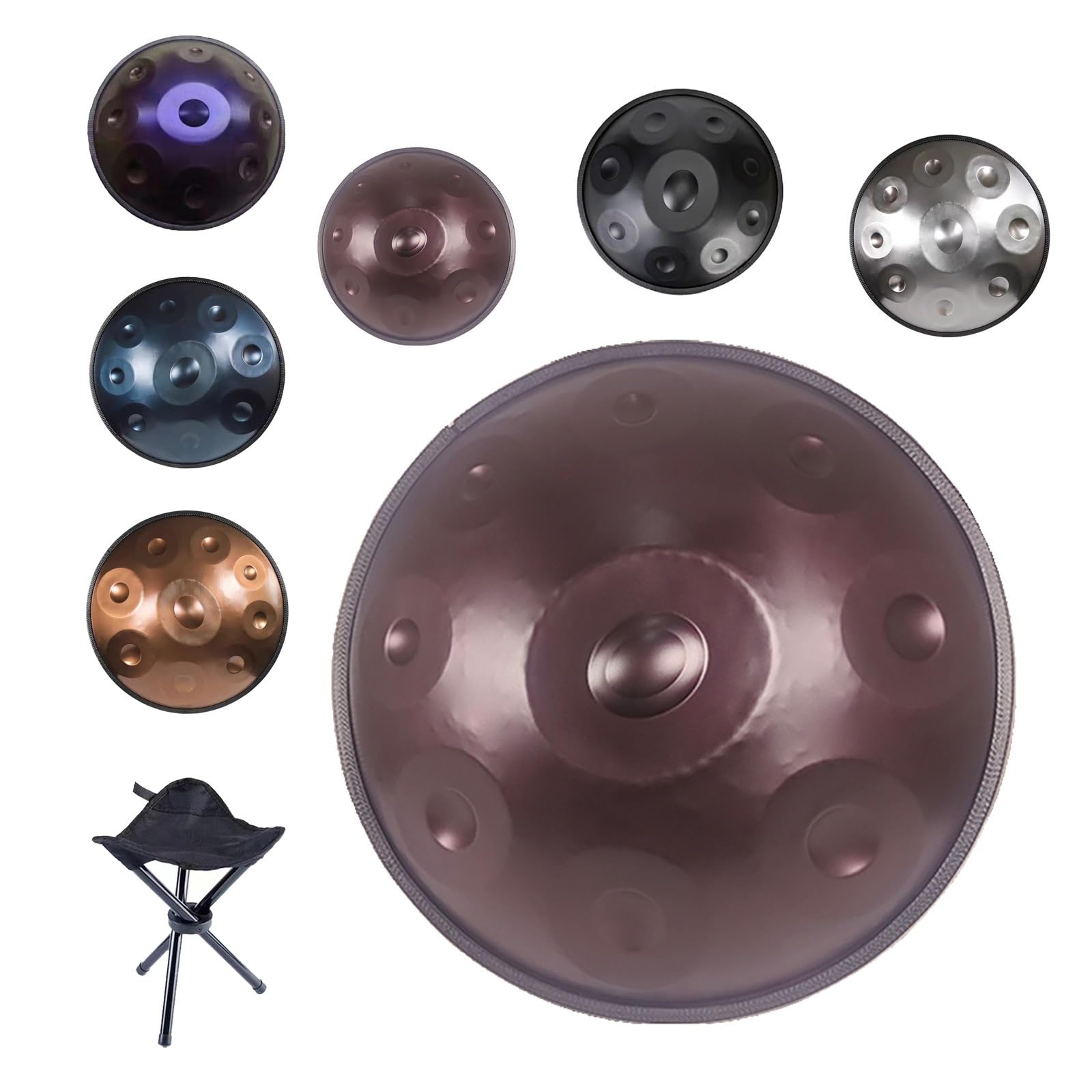 Handpan Drum 9/10/12 Notas en Re Menor, 22 Pulgadas Tambor Armónico de Acero Inoxidable, 432/440 Hz Instrumento de Percusión con Bolsa de Transporte, Soporte y Baquetas(Morada,432HZ/10Note)