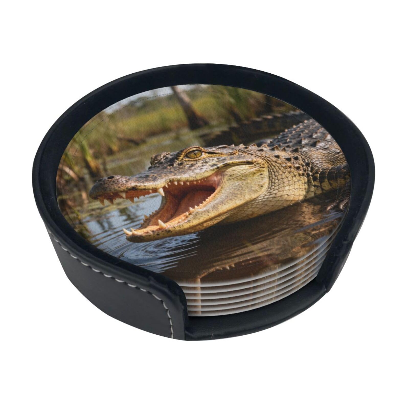 Cntdbu White Crocodile Leather Coasters Set Of 6-Pu Leather Drink Mats For Table, Heat Resistant Round Coasters With Holder
