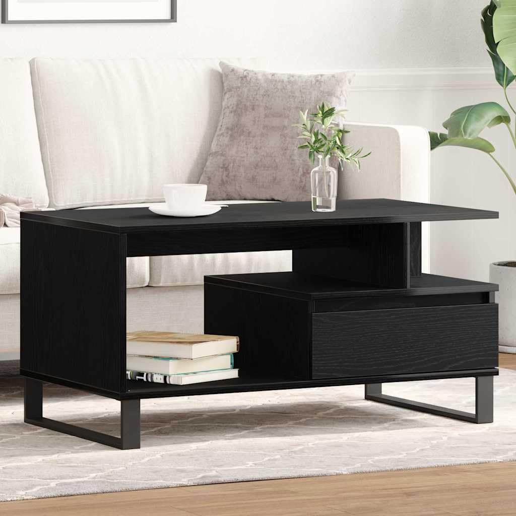 SXZenSpace Small Coffee Table Black Oak 90x49x45 cm with Drawer Engineered Wood Modern Living Room Side Centre Furniture for Sofa Tea Storage Easy Assembly
