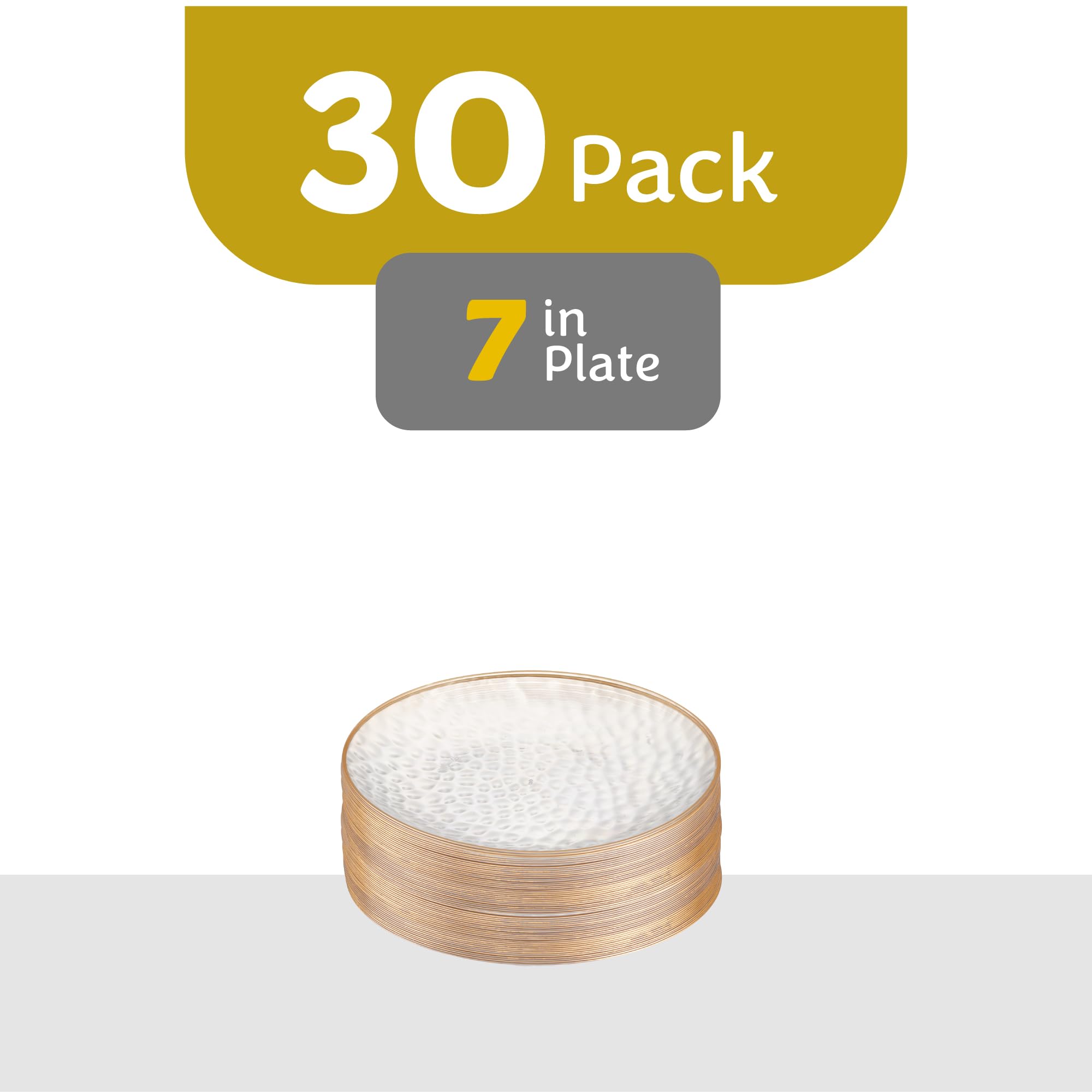 PLASTICPRO 30 Pack Hammered Plastic Plates Heavyweight Disposable Plastic Plates Elegant Clear Hammered Rim Platsic Party Dishes (Hamered Clear With Gold Rim, 7'' INCH PLATES) — view 4