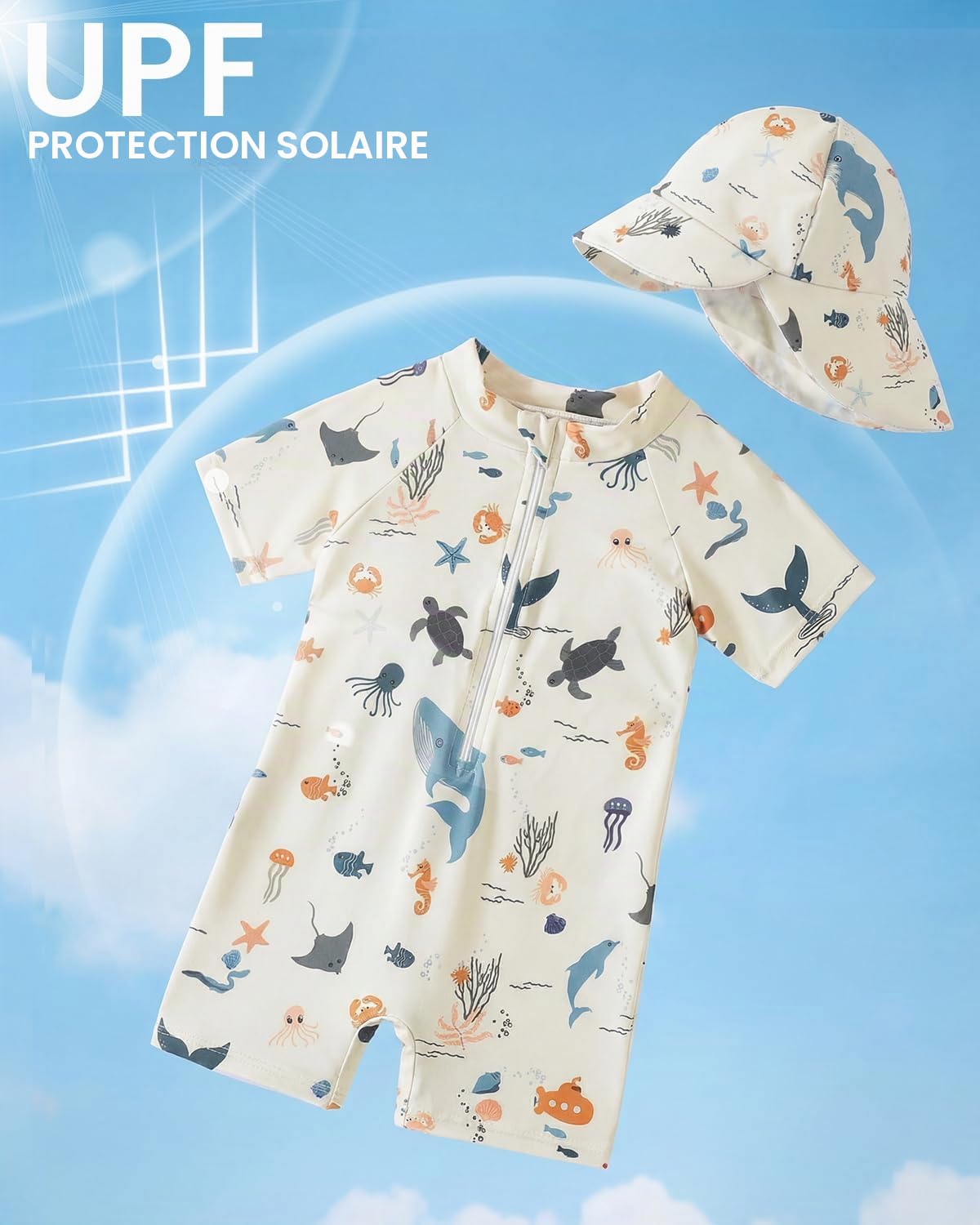 WYTbaby Maillot de bain pour bébé - Vêtement UV - Une pièce - Manches courtes - Protection UV - Pour bébé garçon - Avec chapeau de soleil