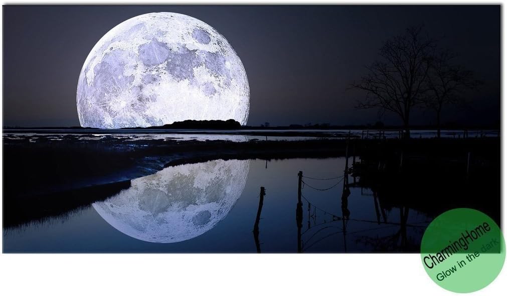 Wall Paintings for Living Room - Glow in the Dark Full Moon Landscape Pictures for Living Room - Wall Decorations for Living Room - Stretched Canvas - 7.87x15.74 Inches