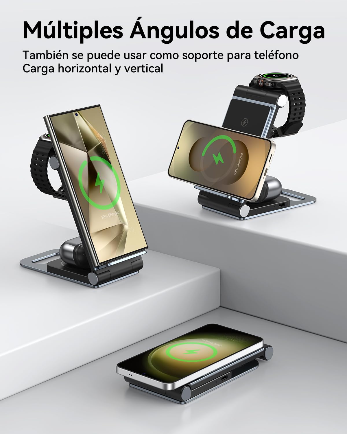 Cargador Inalámbrico 3 en 1 Plegable para Samsung Galaxy S26/S25/S24/S23/S22/S21/S20/Z Flip/Z Fold 7/6/5/4/3 para Galaxy Watch 8/Ultra/7/6/Classic/5/Pro/4 para Galaxy Buds Carga Rápida 20W