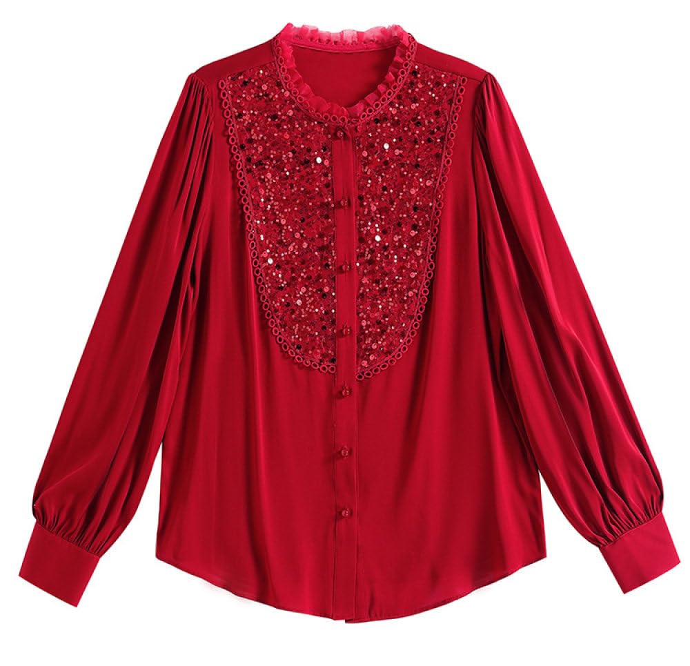 Chemises De Soirée À Manches Longues Et Paillettes Brillantes pour Femmes,Col Montant Rouge,Volants,Chemisier Boutonné,Mode Élégante,Pull Décontracté,Chemises De Travail