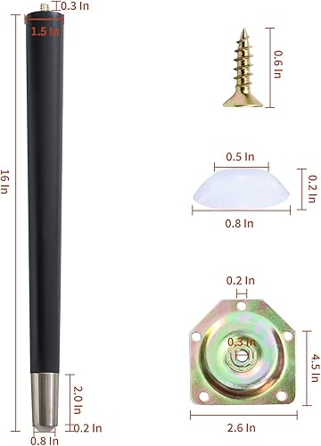 Miniatura 4 de Patas de mesa de madera de 16 pulgadas con borde de metal para mesa auxiliar, estilo moderno de mediados de siglo, cónicas, redondas, accesorios