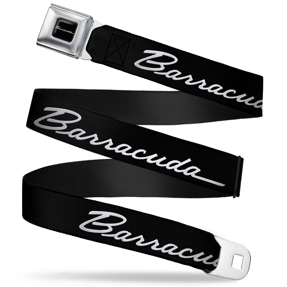 Dodge Belt, Seatbelt Buckle Belt, Barracuda Script Logo Black Silver, 44 to 63 Inches