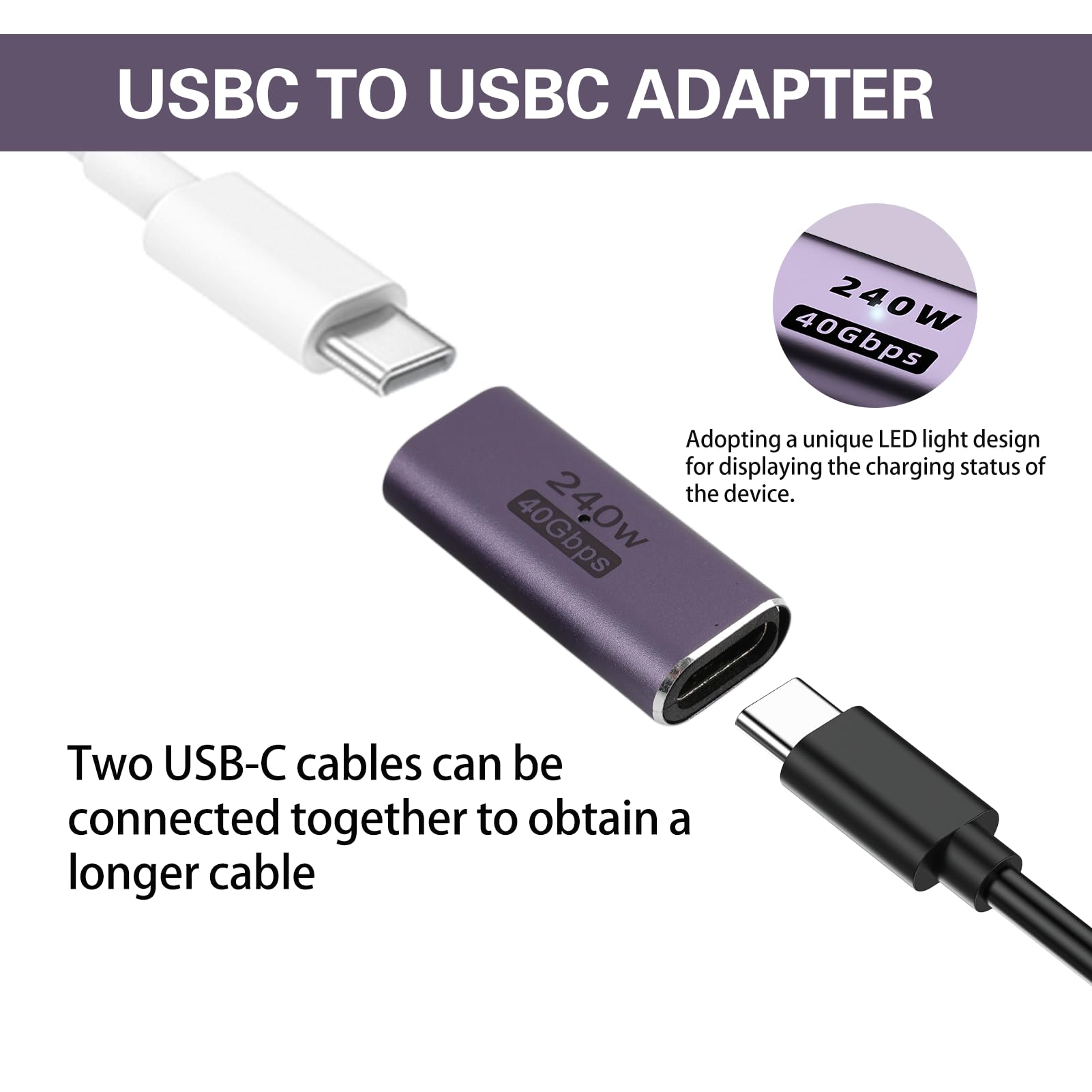 2 sztuki 240 W USB C, adapter żeński na żeński, 40 Gb/s, 8K 60 Hz, szybkie ładowanie, złącze wideo, adapter przedłużający USB C do iPada, przełącznika, Macbooka, urządzeń USB typu C
