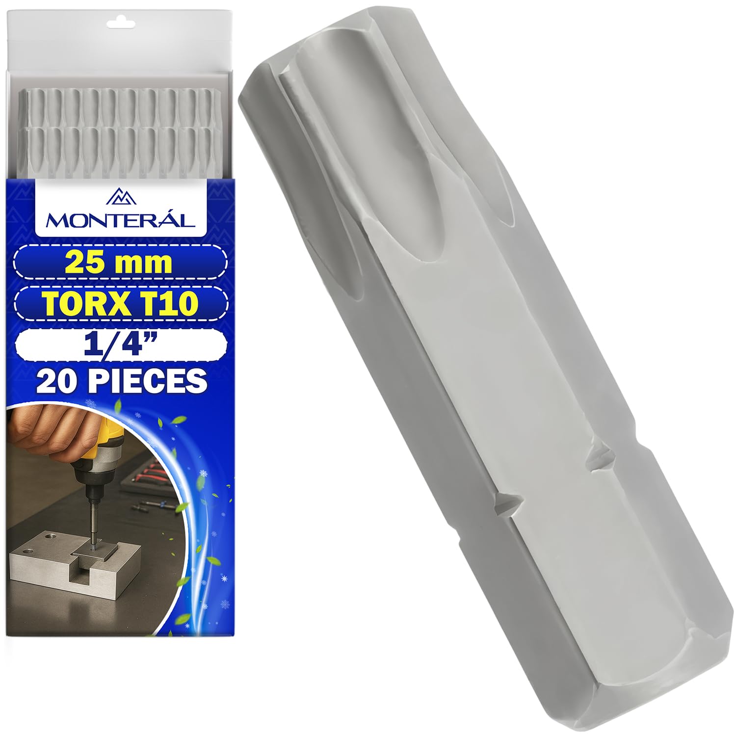 20 Pezzi Inserti per Avvitatore Professionali T10 x 25 mm - Torx Set con Gambo Esagonale 1/4" - Set Punte Avvitatore Realizzato in Acciaio Legato S2 - MONTERAL