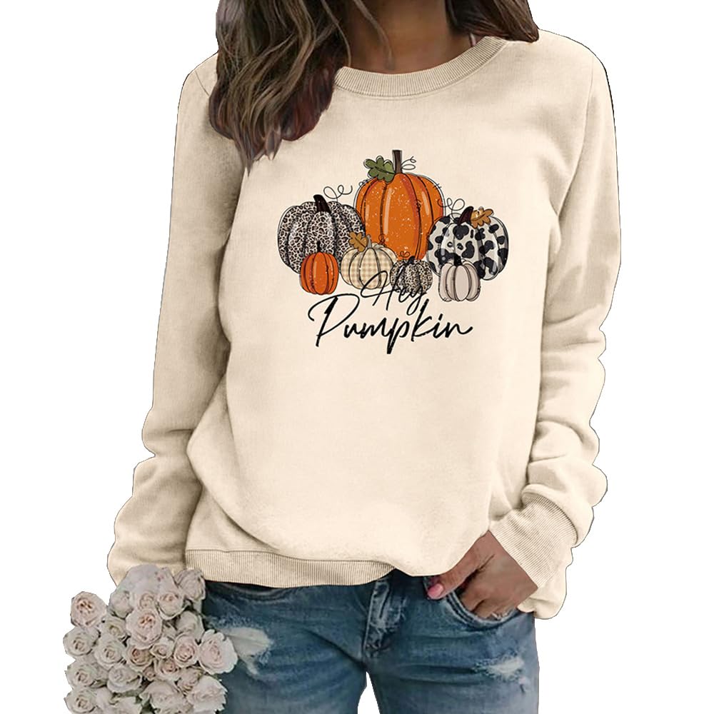 Mlzhan Women's Beige Hey Pumpkin Halloween Sweatshirt Funny Plaid Leopard Pumpkins Print Sweatshirts Long Sleeve Fall Harajuku Tops (,L)
