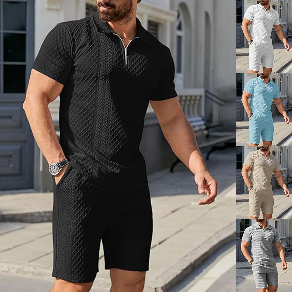 Homme Ensemble Chemises 1/4 Zip Hauts à Manches Courtes 2 Pièce Survêtement Été T-Shirt Chemisette et Pantacourt Bermudas Shorts pour Vacance Loisir
