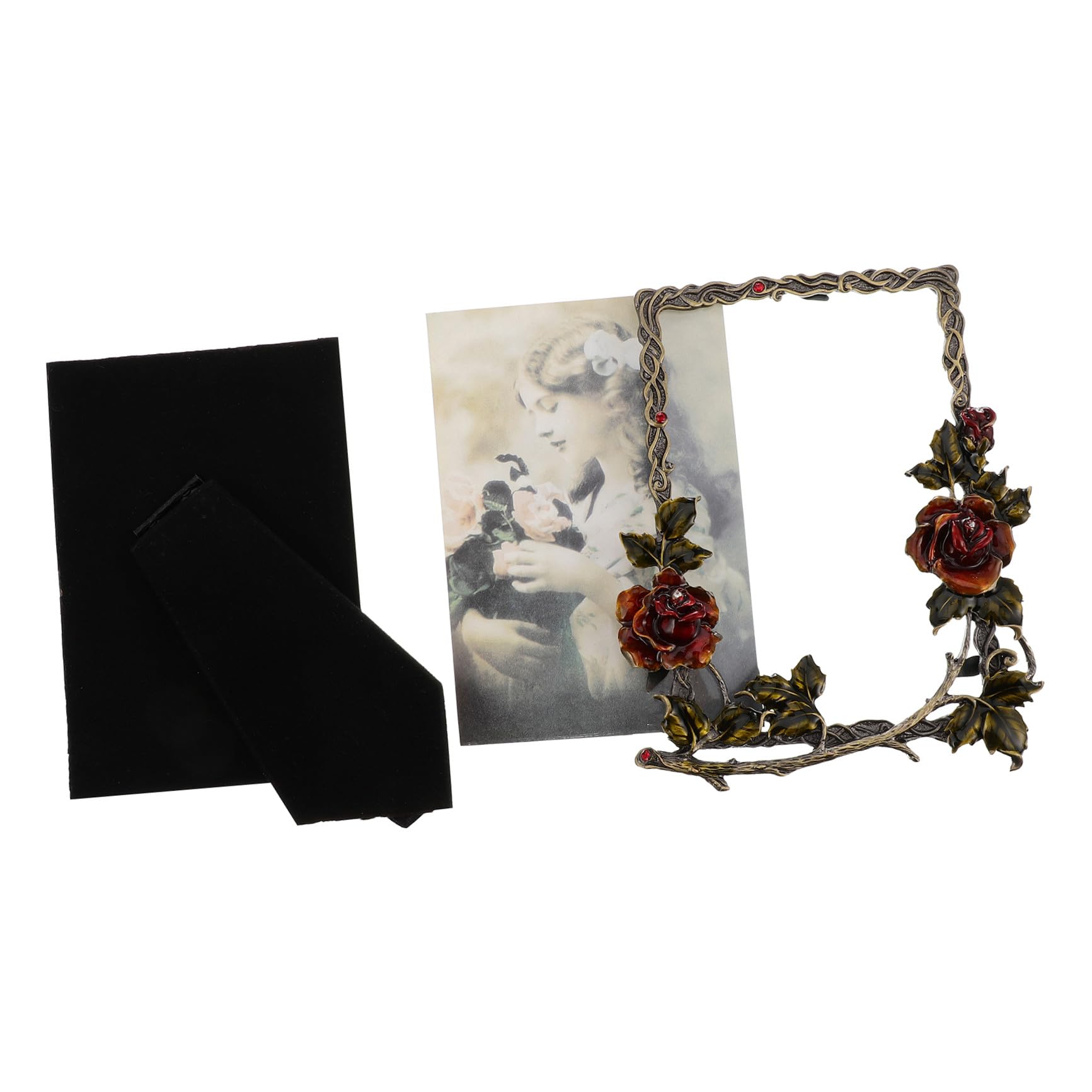 Marco de Fotos Vintage de Metal Soporte para Escritorio, Diseño Floral Rosa de 6 Pulgadas, Adecuado para Decoración Retro y Ambiente Nórdico