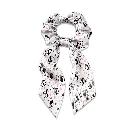 YUVAMAGIMO Bow Silk Scrunchies for Girls Women Elastic with Long Tails - 1 Count (Pack of 2) - Panda