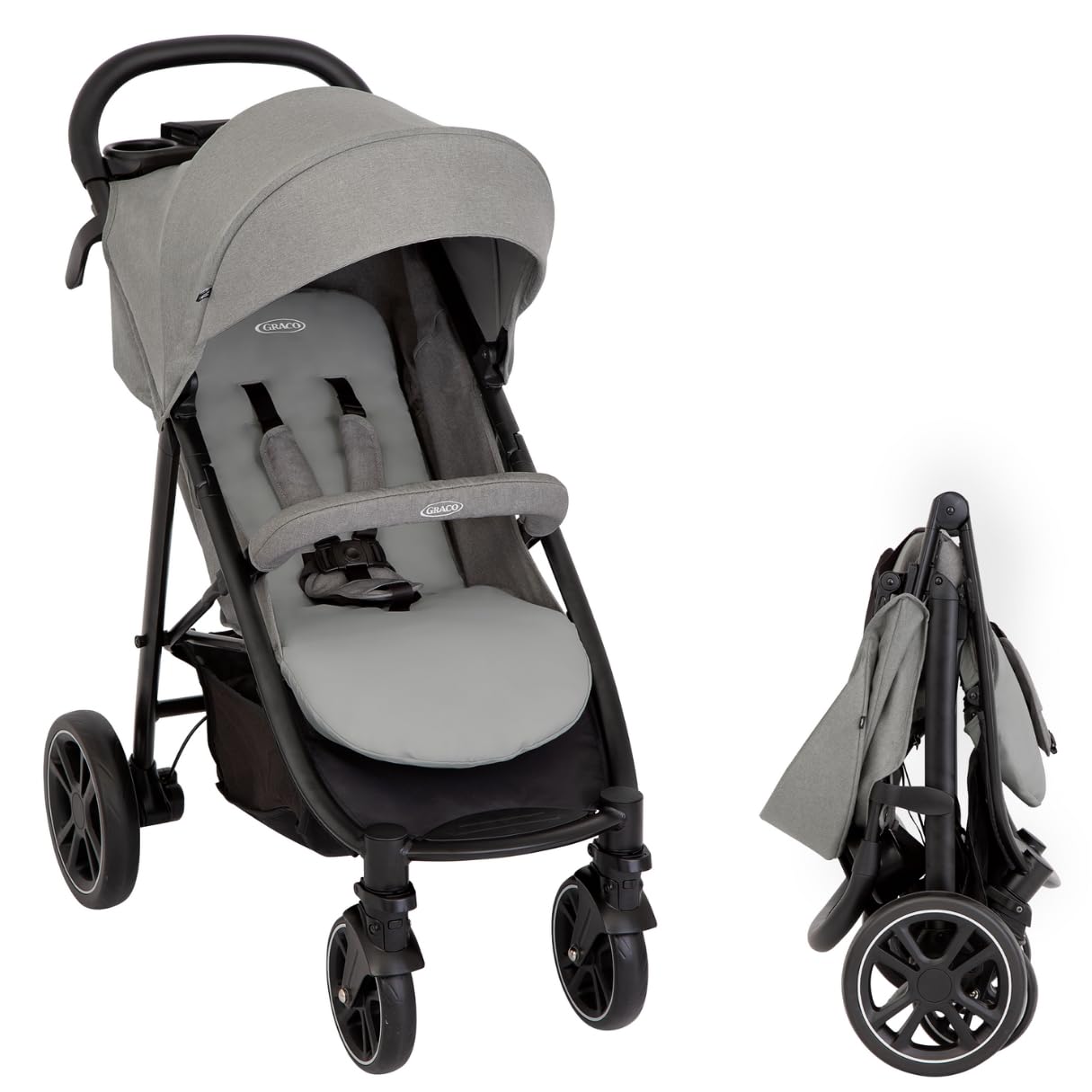 Graco Buggy EezeFold DLX | leichter Reisebuggy mit Einhand-Faltmechanismus, 4-Rad-Federung, flacher Liegeposition & großem Korb - Lunar Grau