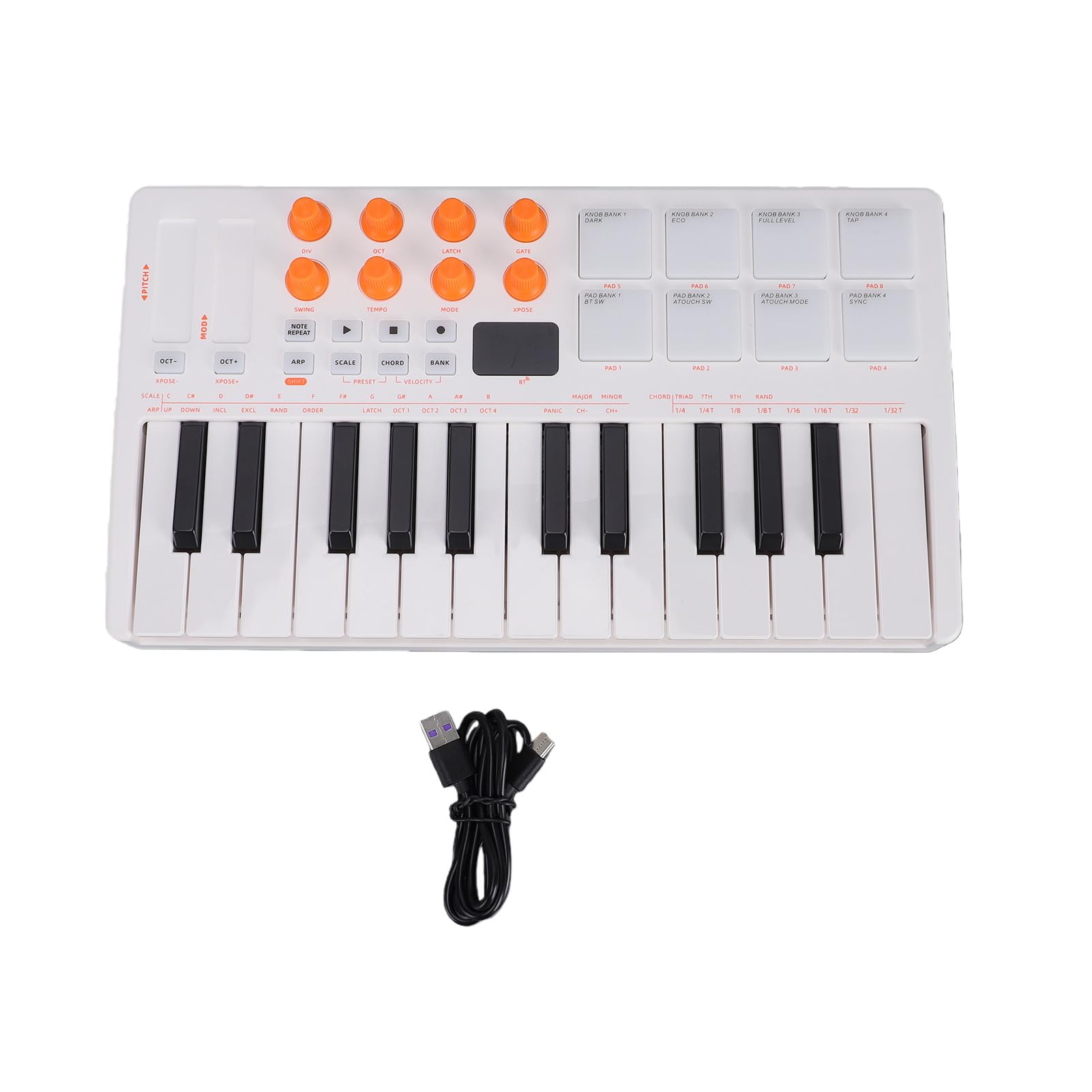 VGEBY Controller Tastiera MIDI, Pad di Produzione Musicale Portatile a 25 Tasti con Corpo in ABS, Tasti Sensibili Alla velocità, Arpeggiatore e Funzione Accordo per Principianti di Home Studio (WHITE)
