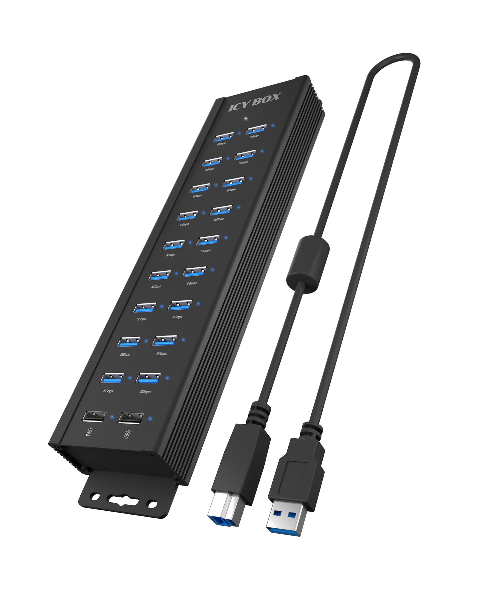 ICY BOX Hub USB 3.2 Gen 1 a 20 porte con alimentatore da 12 V / 3 A, corpo in alluminio e 2 porte di ricarica USB, modello IB-HUB1720-U3