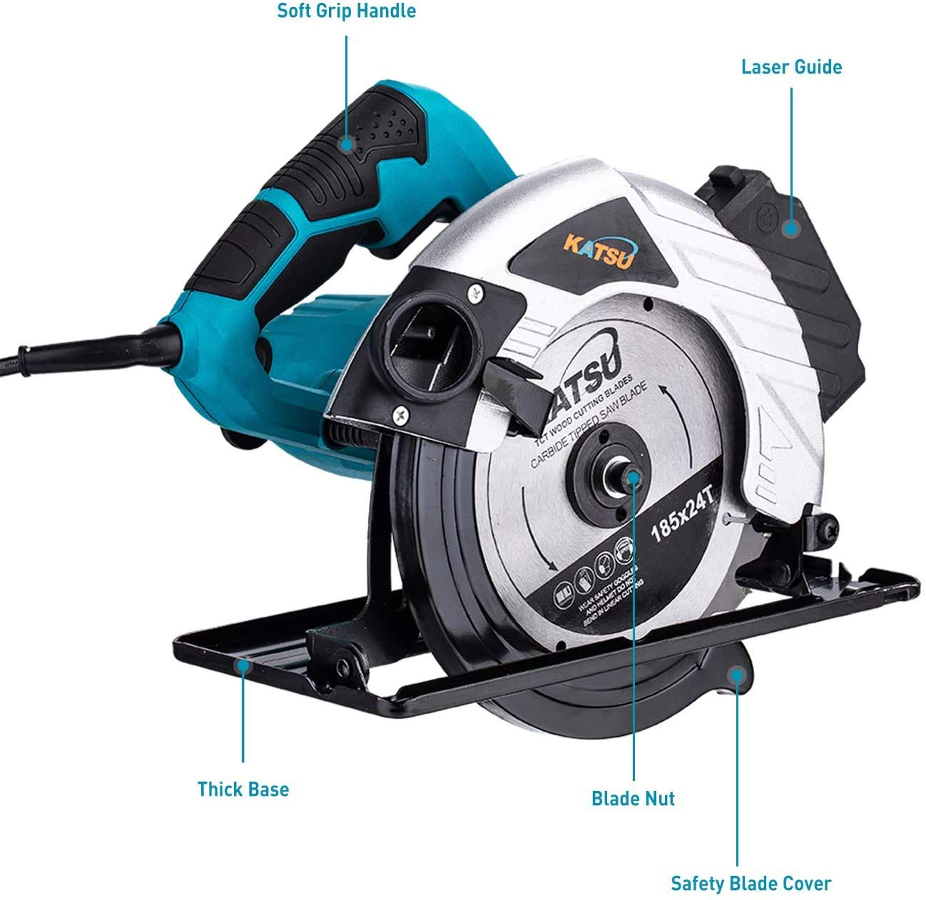 KATSU Sega Circolare 185mm 1600W con Guida Laser e 2 Lame 24T+ 40T, Taglio Massima 65mm (90°) e 45mm (45°), per la Lavorazione del Legno Morbido Metallo e Taglio di Plastica