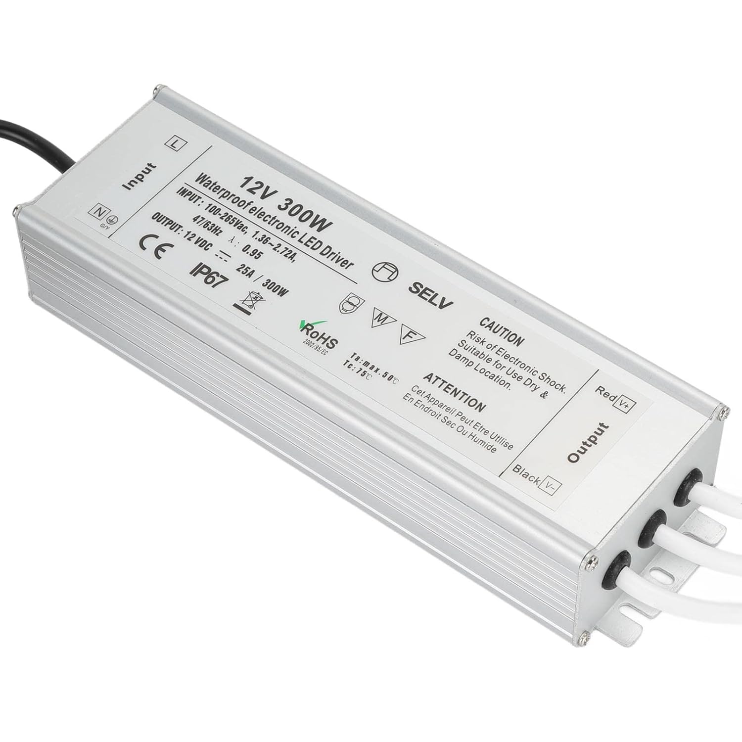Low Voltage Transformers LED Driver, AC100‑265V 300W Waterproof IP67 Constant Voltage Power Supply Transformer Adapter (U.S.
