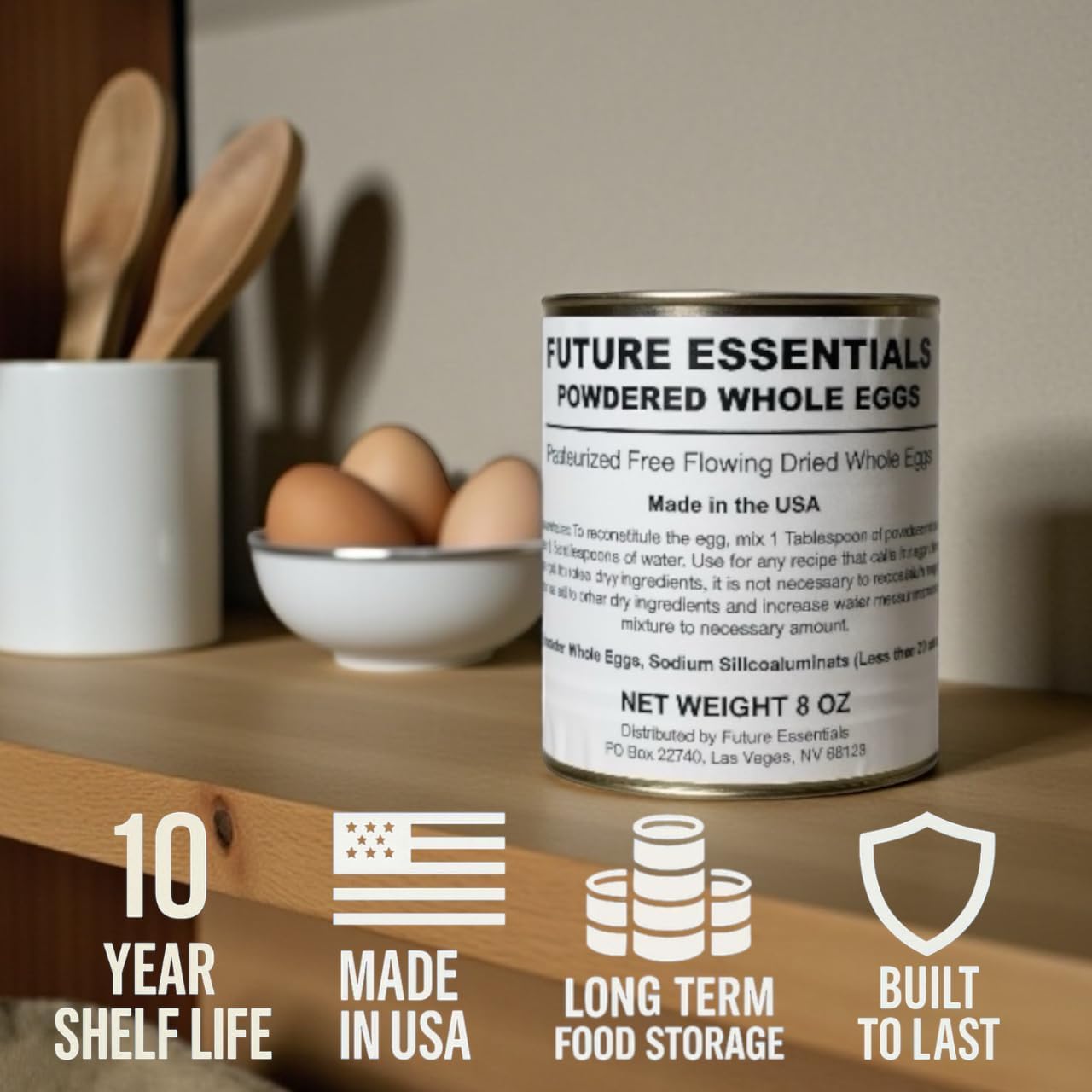 Future Essentials - Uova intere in polvere, 6 lattine (misura 2,5, 226,8 g ciascuna), forniture da forno, pasti da campeggio, cibo di sopravvivenza, 10 anni di durata a lungo termine, fornitura di