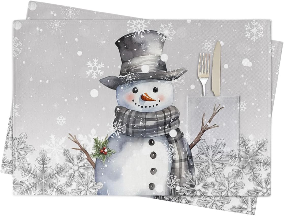 Grey Snowman Placemats Set of 2, Woven Placemat Washable