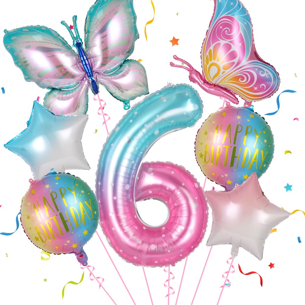 OFFCUP 7pcs Balloons Set, Butterfly Number 6 Balloon for 6th Birthday Party — image 1