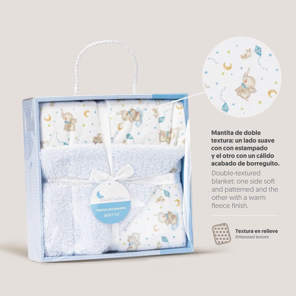 Interbaby - Manta Bebe Recien Nacido | Mantita Bebe 100% Poliéster, Terciopelo, Suave, Cómoda, Cálida | Manta Meses Bebe 80x110cm, Unisex, para Cunas, Carritos | Elefante + Borreguillo Azul