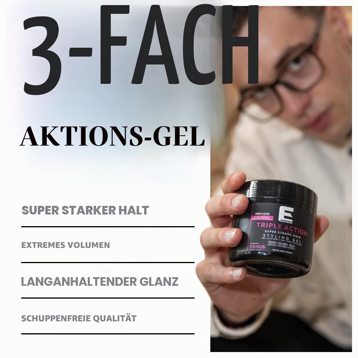 E Elegance Earth Fragance Triple Action Hair Gel - Super Strong Hold, Extreme Volume, Long Lasting Shine - Flake Free, Refreshing Fragrance - Alle Haartypen, 16.9 oz