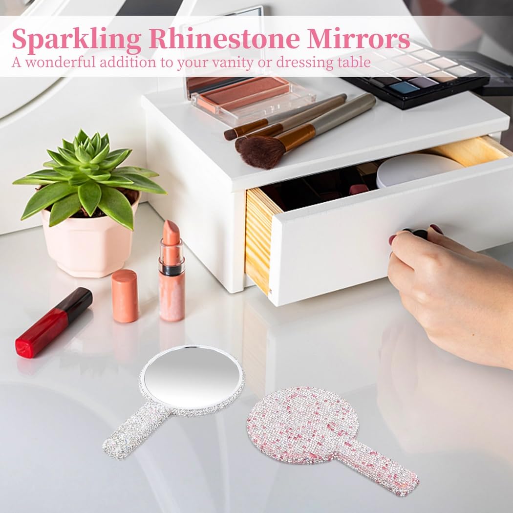 2 STK. Strass-Handspiegel, Schminkspiegel für Damen und Braut, Vintage-Handspiegel, tragbare Deko-Spiegel für Hochzeit, Kosmetik und Salon, Rosa und Weiß